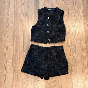 Zara Black Tweed High Waist Top and Shorts Set